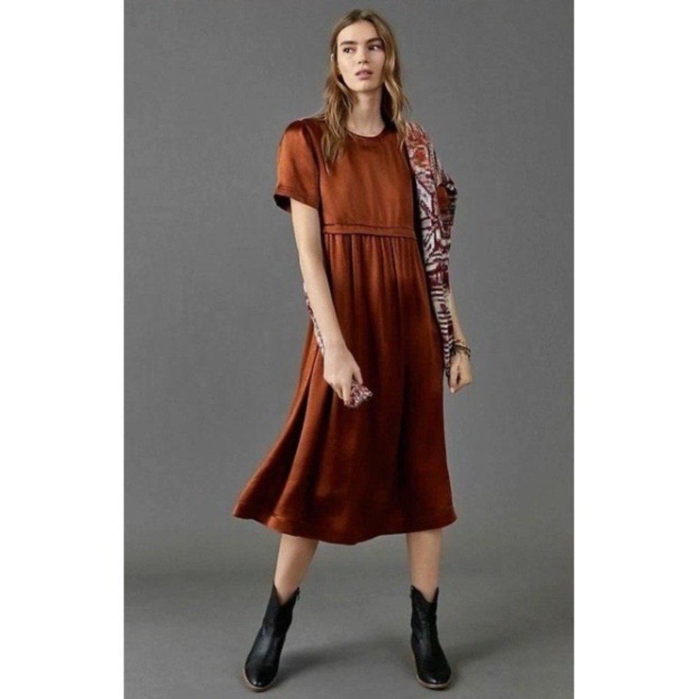 Anthropologie Maeve Jimena Midi Dress Copper Cocoa Satin‎ Copper Medium